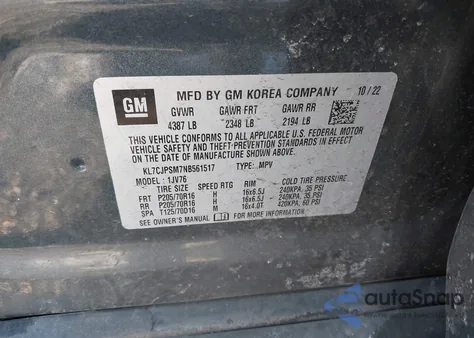 2022 Chevrolet Trax Awd Lt из США, поврежденный, VIN KL7CJPSM7NB561517